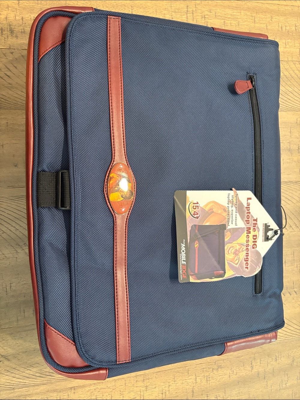 Classic Navy Laptop Messenger Bag with Brown Trim